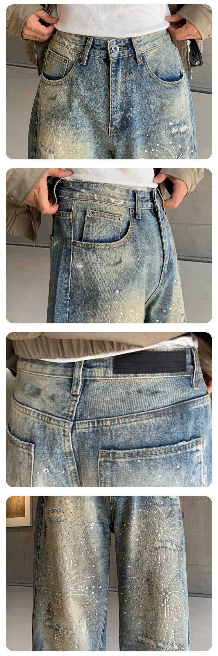 Design Distressed Rhinestone-Embellished Wide-Leg Jeans Gray - 44
