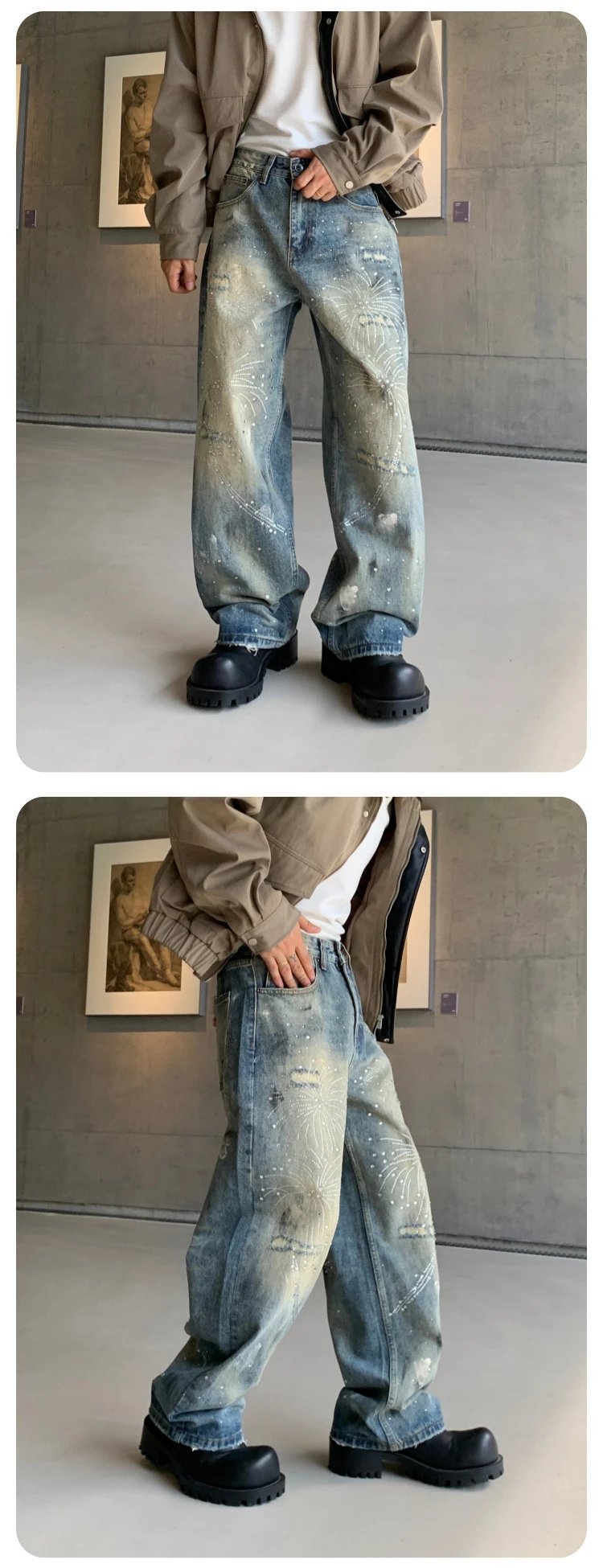 Design Distressed Rhinestone-Embellished Wide-Leg Jeans Gray - 46