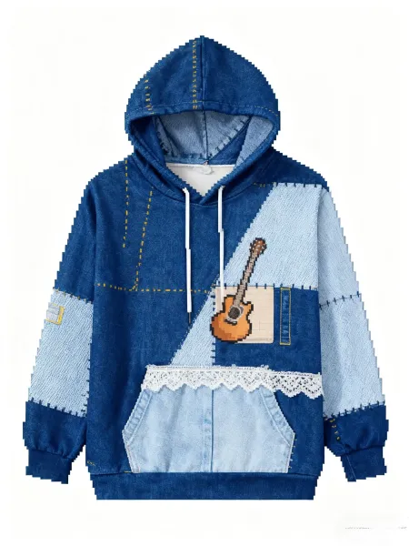Denim Tears Patchwork Denim Hoodie with Pixel Guitar Print Blue - 1