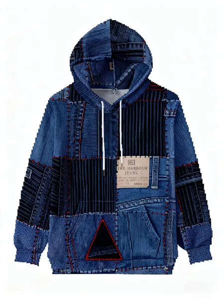 Design Denim Patchwork Hoodie White Blue - 6