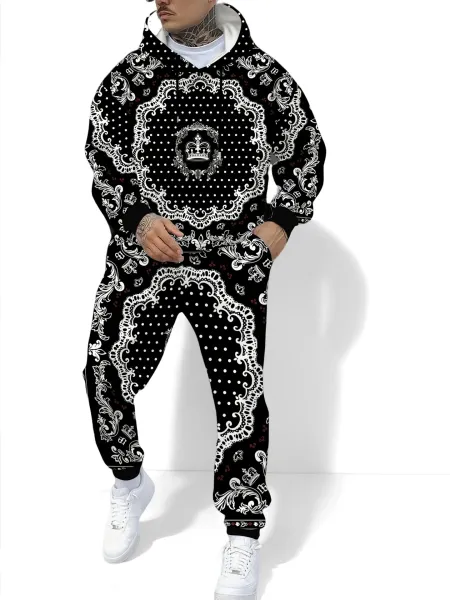Design Bandana Print Hoodie and Sweatpants Set Black / White - 1