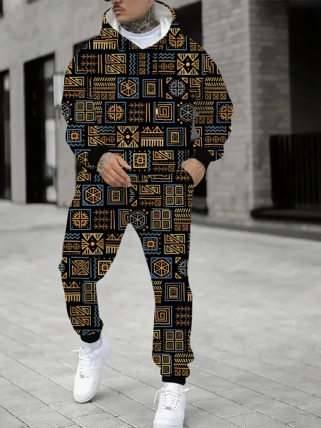 Design Tribal Print Hoodie and Sweatpants Set Black Multicolor Tracksuit - 1
