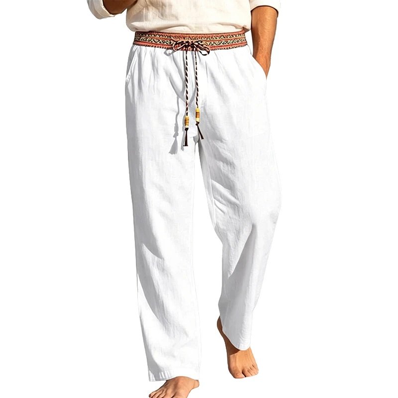 Design Bohemian Linen Drawstring Pants White - 1