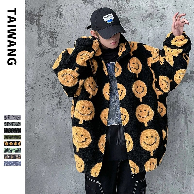 Design Smiley Face Sherpa Fleece Jacket Black / Yellow Outerwear.jacket - 1