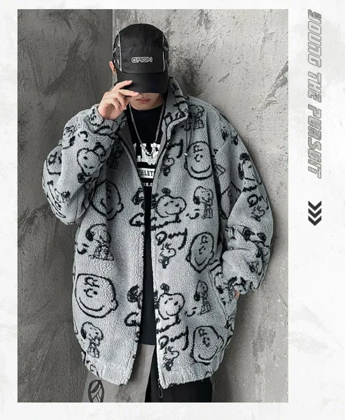 Design Peanuts x Unknown Brand Sherpa Fleece Jacket Gray Outerwear Jacket - 12