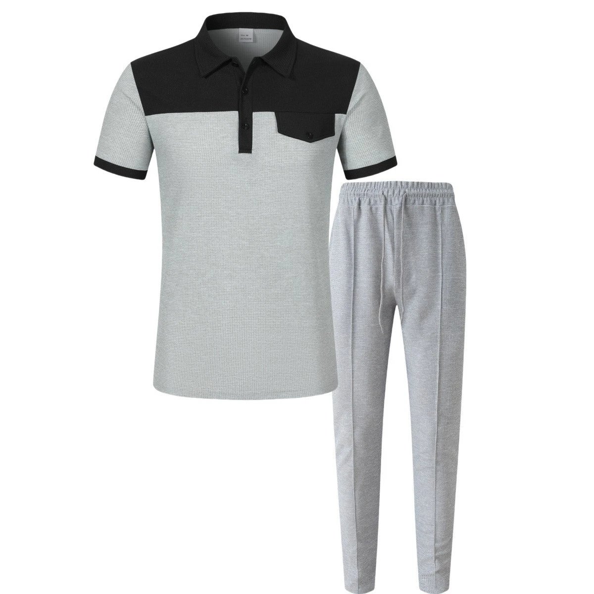 Design Two-Tone Textured Polo and Matching Pants Set Gray / Black - 10