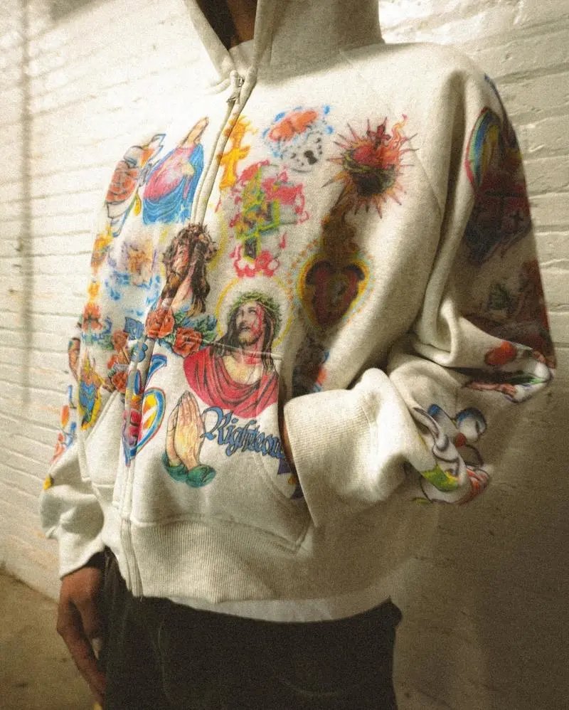 Design Religious Tattoo Print Zip-Up Hoodie Gray - 8