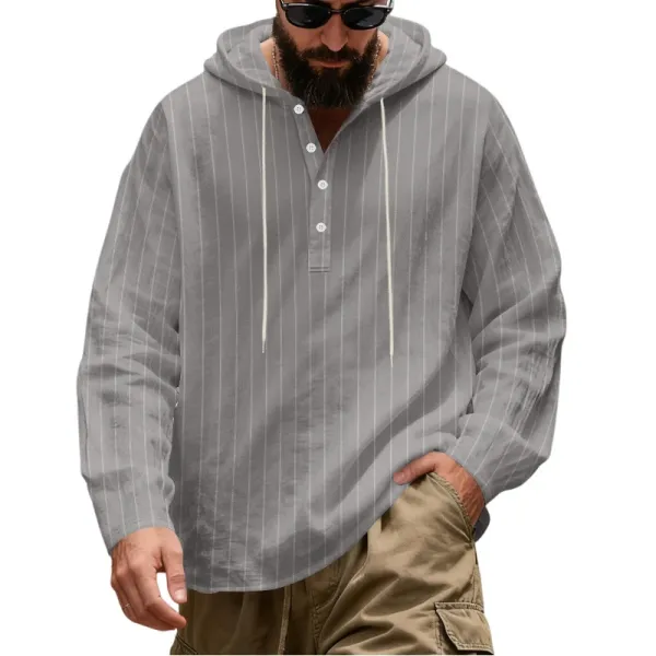 Design Striped Hooded Henley Shirt Gray Hoodie - 1