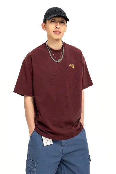 Design Embroidered Script Logo Burgundy Oversized T-Shirt - 6