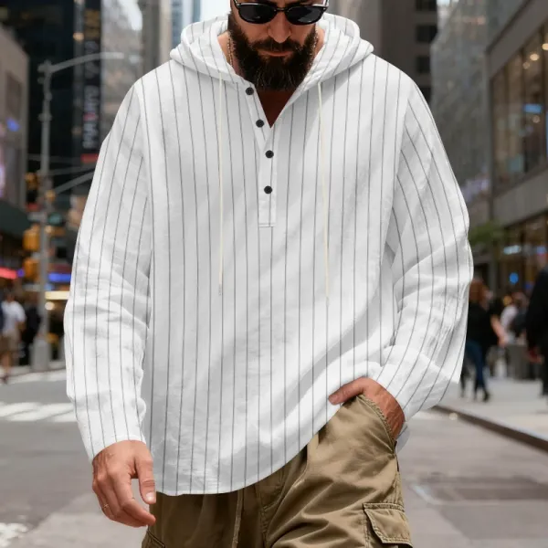 Design Striped Hooded Henley Shirt Gray Hoodie - 7