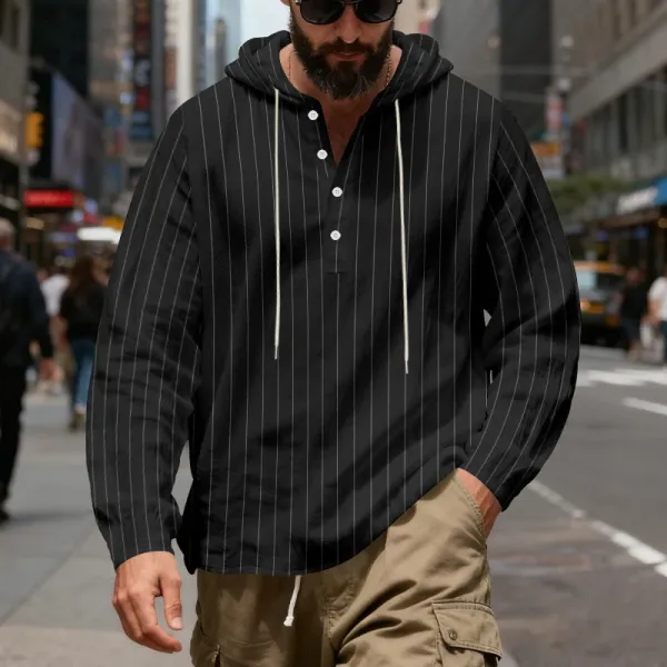 Design Striped Hooded Henley Shirt Gray Hoodie - 18