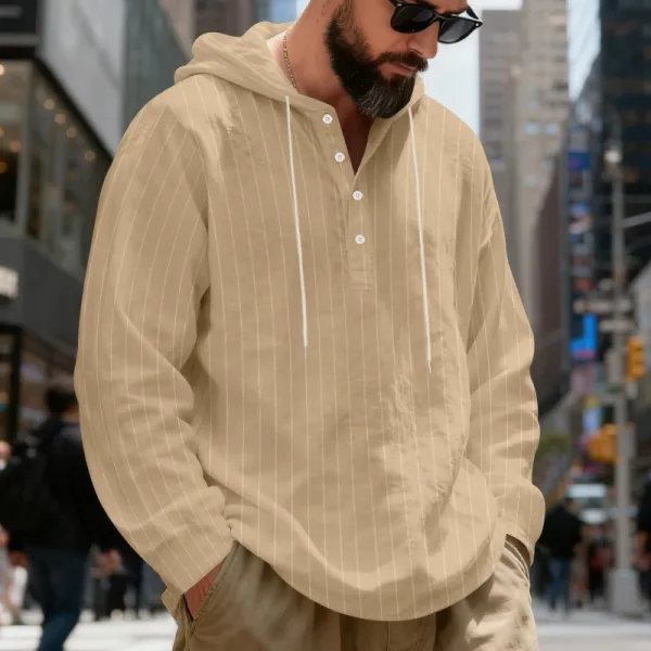 Design Striped Hooded Henley Shirt Gray Hoodie - 23