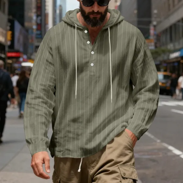 Design Striped Hooded Henley Shirt Gray Hoodie - 32