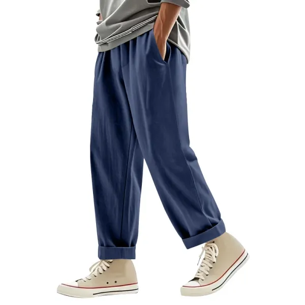 Design Wide-Leg Relaxed Fit Navy Pants with Cuffed Hem - 1