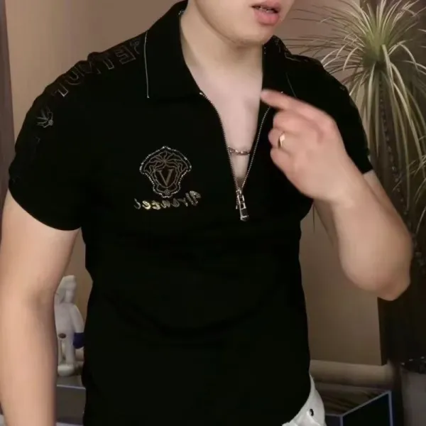 Design Zip-Front Polo Black Top - 5