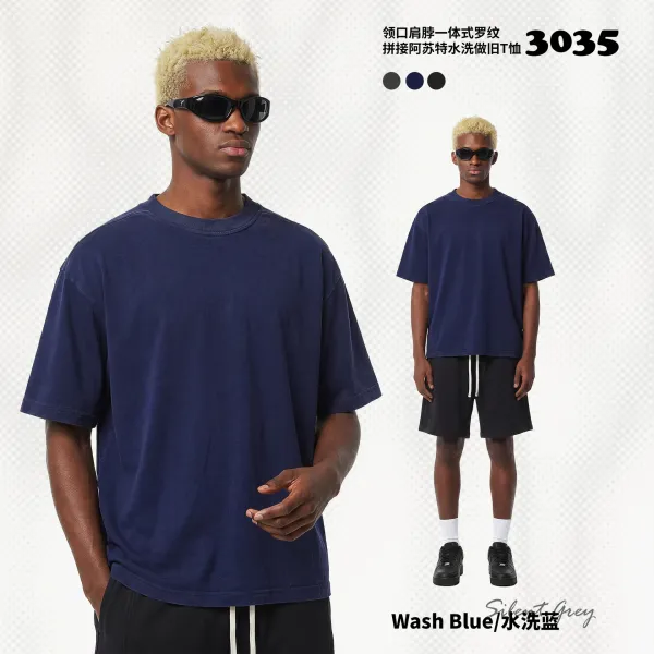 Design Silent Grey 3035 Wash Blue One-Piece Ribbed Neck-Shoulder T-Shirt T-Shirts - 1