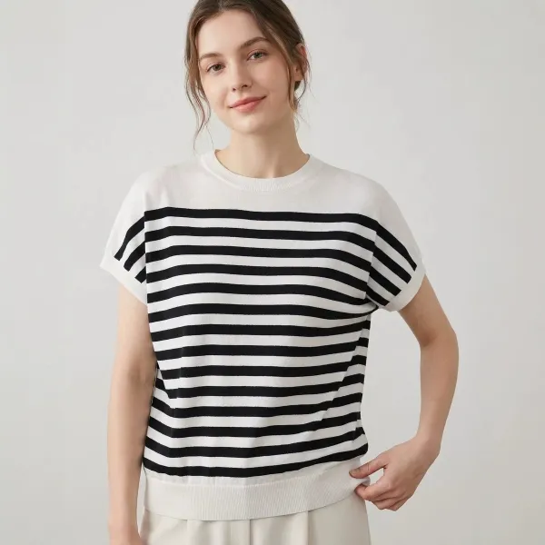 Design Striped Knit Short-Sleeve Sweater White / Black - 1
