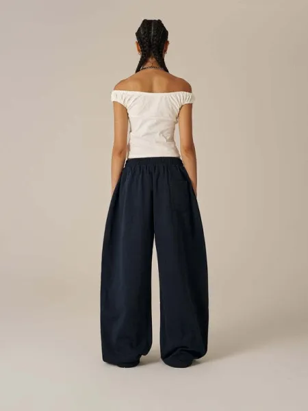 Design Wide-Leg Track Pants with Yellow Stripes and '77' Embroidery Navy Sweatpants - 9