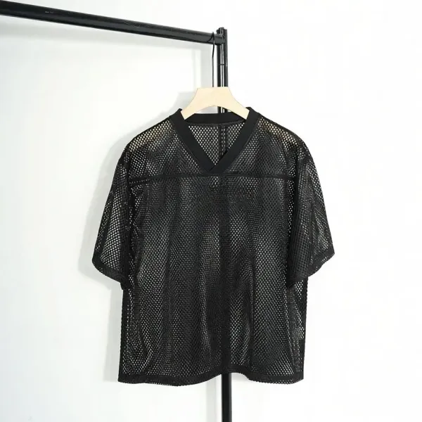 Design Mesh V-Neck Short Sleeve Top Black T-Shirts - 1