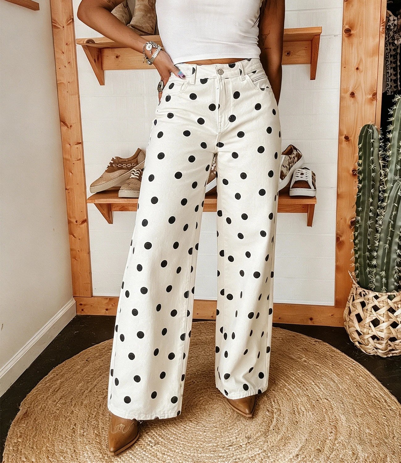 Design Polka Dot Wide-Leg Trousers Brown with White Dots Pants - 6