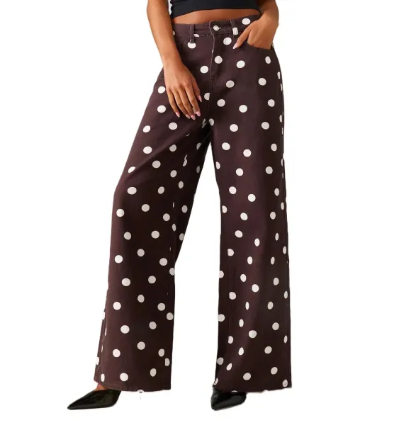 Design Polka Dot Wide-Leg Trousers Brown with White Dots Pants - 11