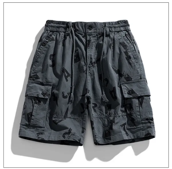 Design Cargo Shorts with Abstract Black Print Beige Shorts - 12