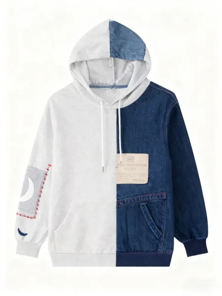 Design Patchwork Denim-Contrast Hoodie Gray and Navy - 1