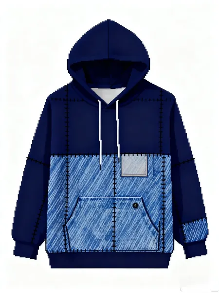 Design Denim Patchwork Hoodie White Blue - 7