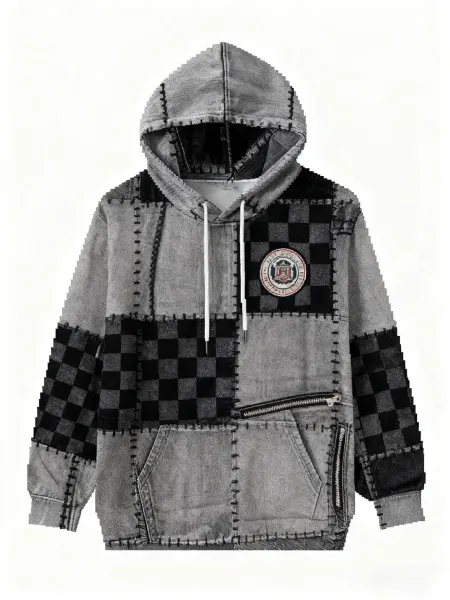 Design Denim Patchwork Hoodie White Blue - 14