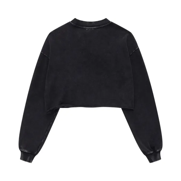 Design Cropped Acid Wash Gray Sweatshirt Sweater - 13