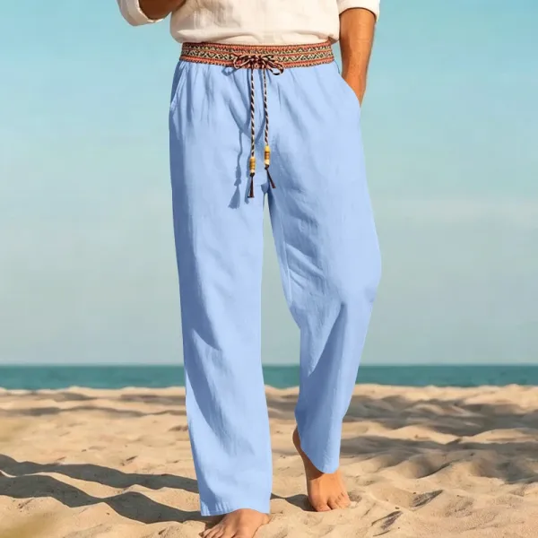 Design Bohemian Linen Drawstring Pants White - 17