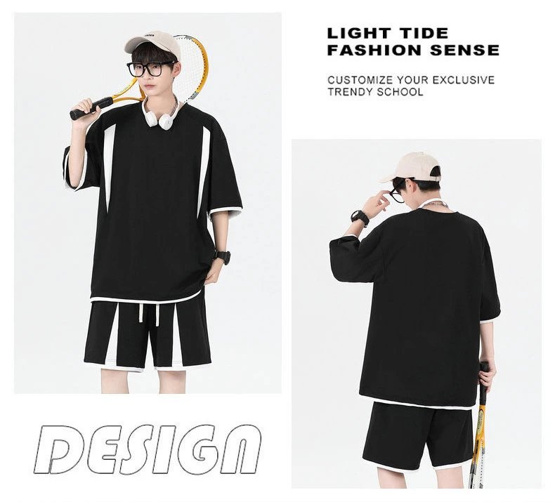 Design Oversized T-Shirt and Shorts Set Beige with Black Stripes Casual Set - 16