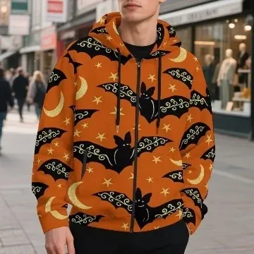 Design Halloween Bat Print Orange Zip-Up Hoodie - 1