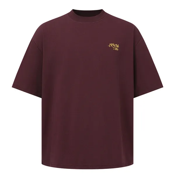 Design Embroidered Script Logo Burgundy Oversized T-Shirt - 1