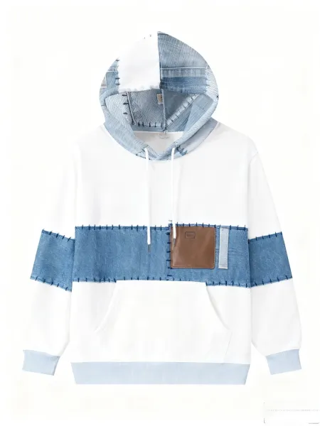 Design Denim Patchwork Hoodie White Blue - 1