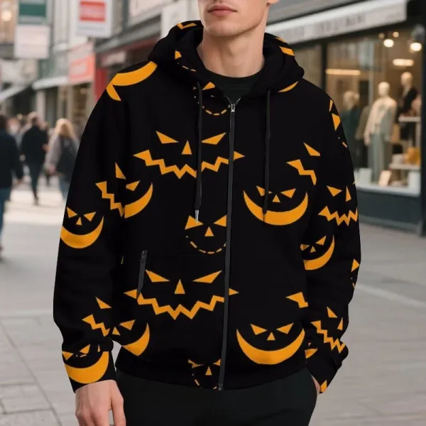 Design Halloween Pumpkin Print Black Zip-Up Hoodie - 1