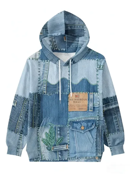 Design Denim Patchwork Hoodie White Blue - 10