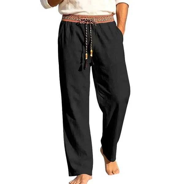 Design Bohemian Drawstring Waist Black Linen Pants - 1