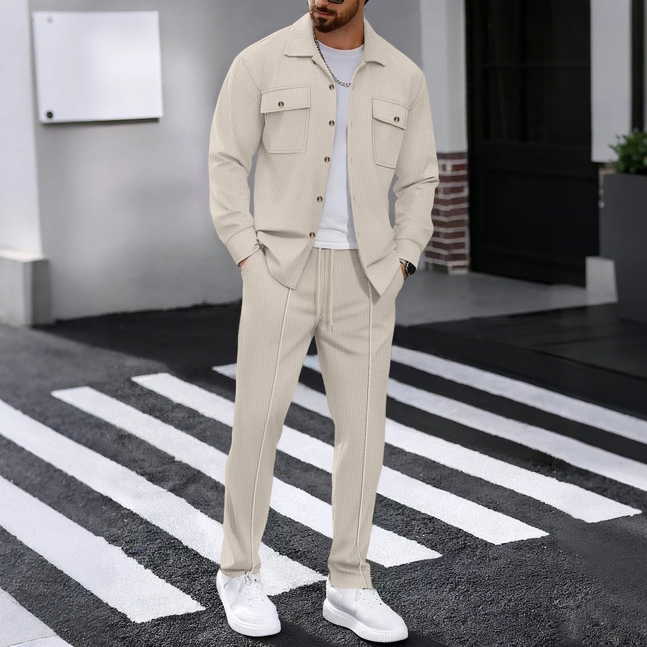 Design Gray Houndstooth Two-Piece Set with White T-Shirt and Chunky Sneakers - 7