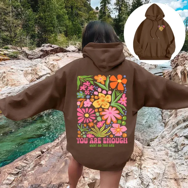 Design Floral Print 'You Are Enough' Brown Hoodie - 1