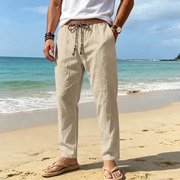 Design Bohemian Linen Drawstring Pants White - 10