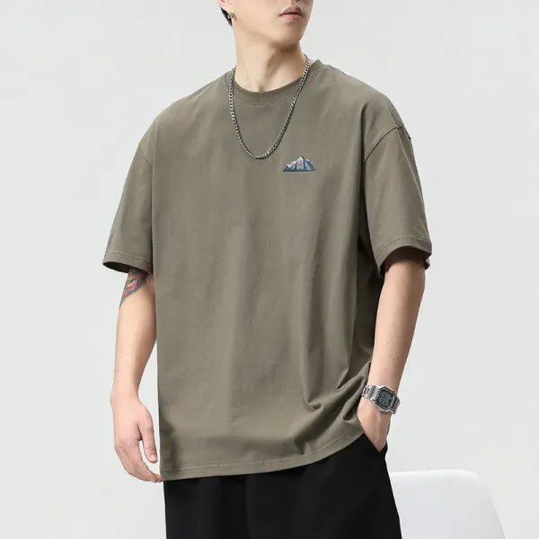 Design Mountain Embroidery Olive Green T-Shirt Tops.t Shirts - 1