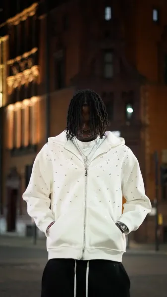 Design Crystal-Embellished White Zip-Up Hoodie - 1