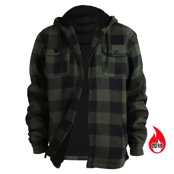 Design Flannel Hooded Jacket Army Green Black Plaid Outerwear - 1