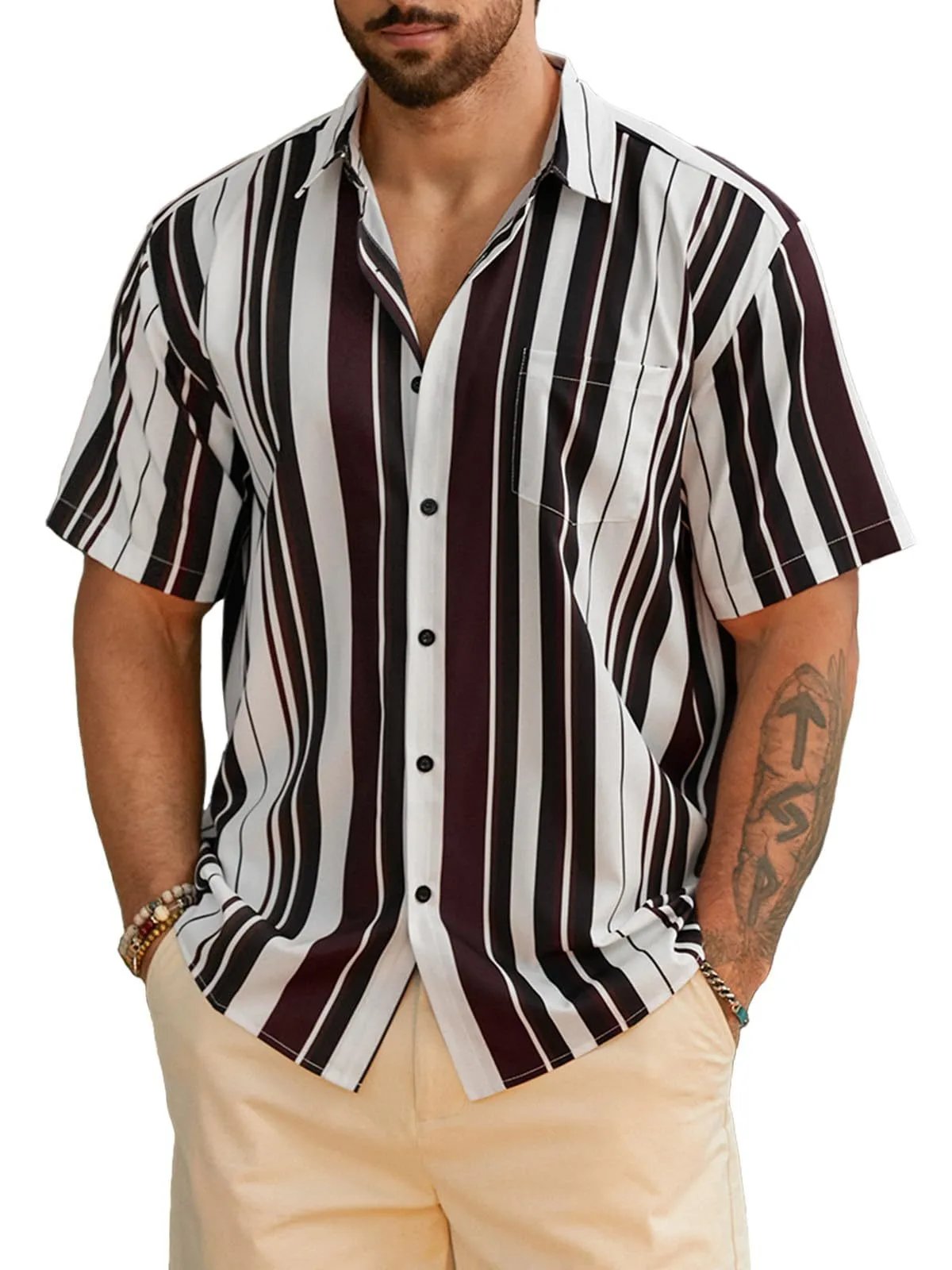 Design Harddaddy Striped Short-Sleeve Button-Up Shirt White and Gray Shirt - 7