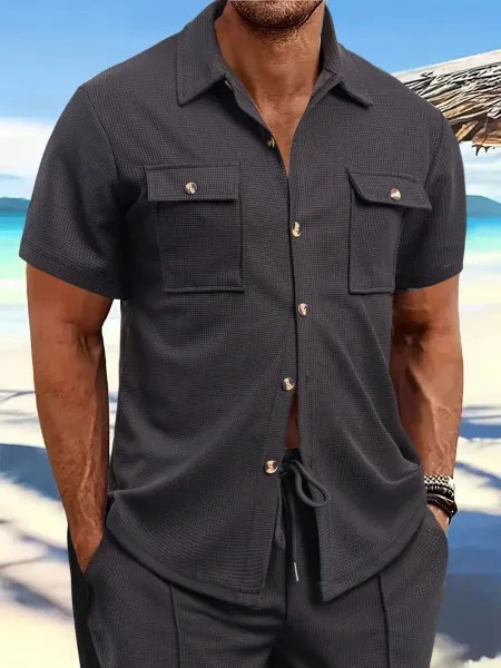 Design Waffle Knit Short-Sleeve Shirt with Chest Pockets Charcoal Gray Tops Shirt - 1