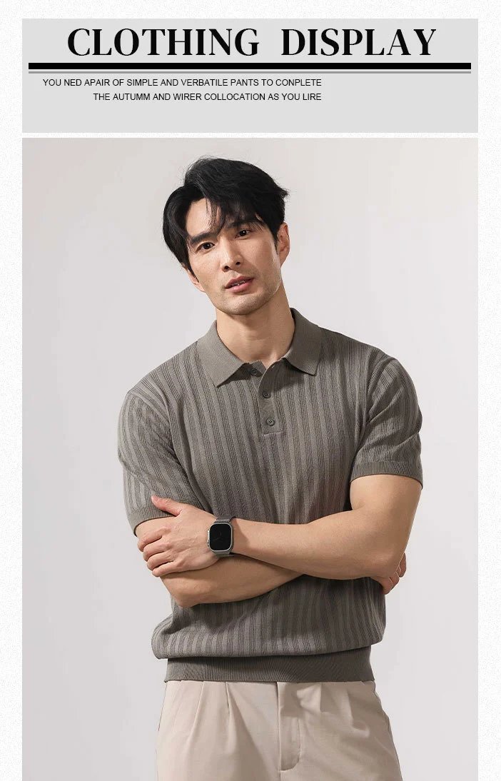 Design Ribbed Knit Polo Shirt in Cream with White Trousers Tops Polo - 3