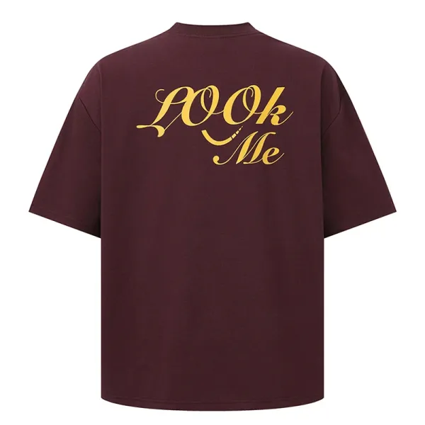 Design Embroidered Script Logo Burgundy Oversized T-Shirt - 21