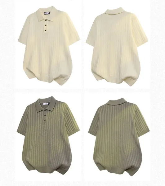 Design Ribbed Knit Polo Shirt in Cream with White Trousers Tops Polo - 11