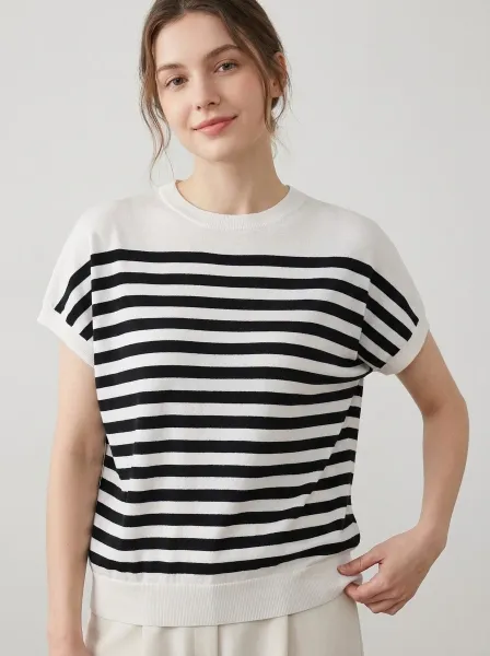 Design Striped Knit Short-Sleeve Sweater White / Black - 7